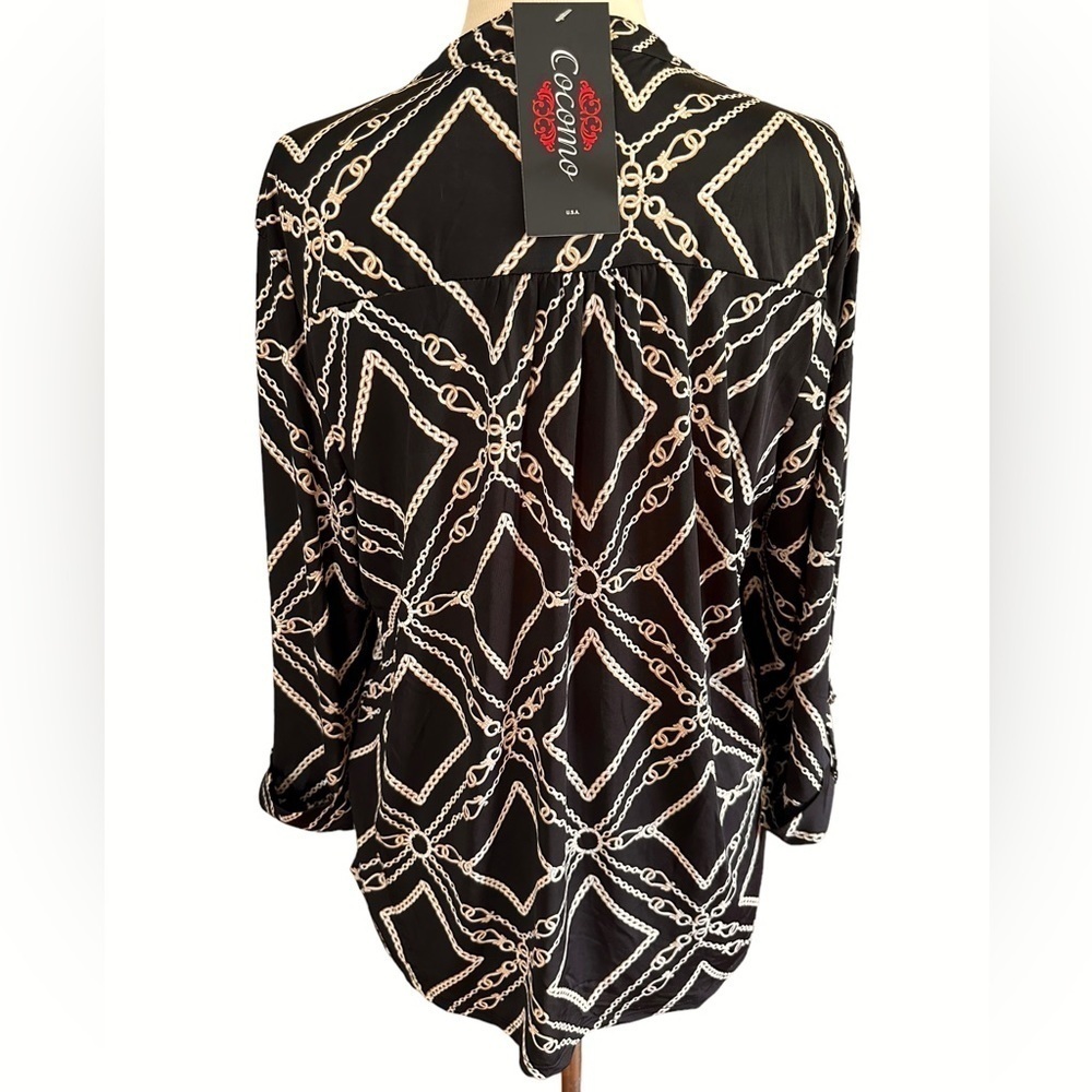 COCOMO XL Black Beige 3/4 sleeve women's Pintuck Blouse tunic shirt - Picture 2 of 12